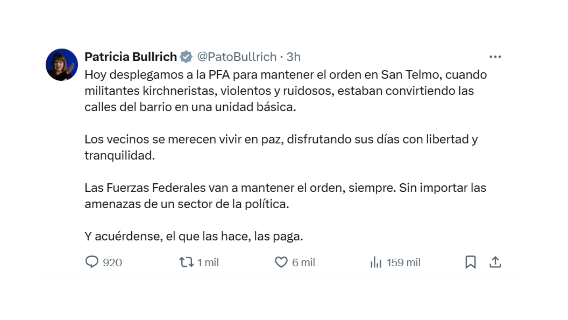 Bullrich defendió el operativo frente al domicilio de CFK y advirtió: “El que las hace, las paga”