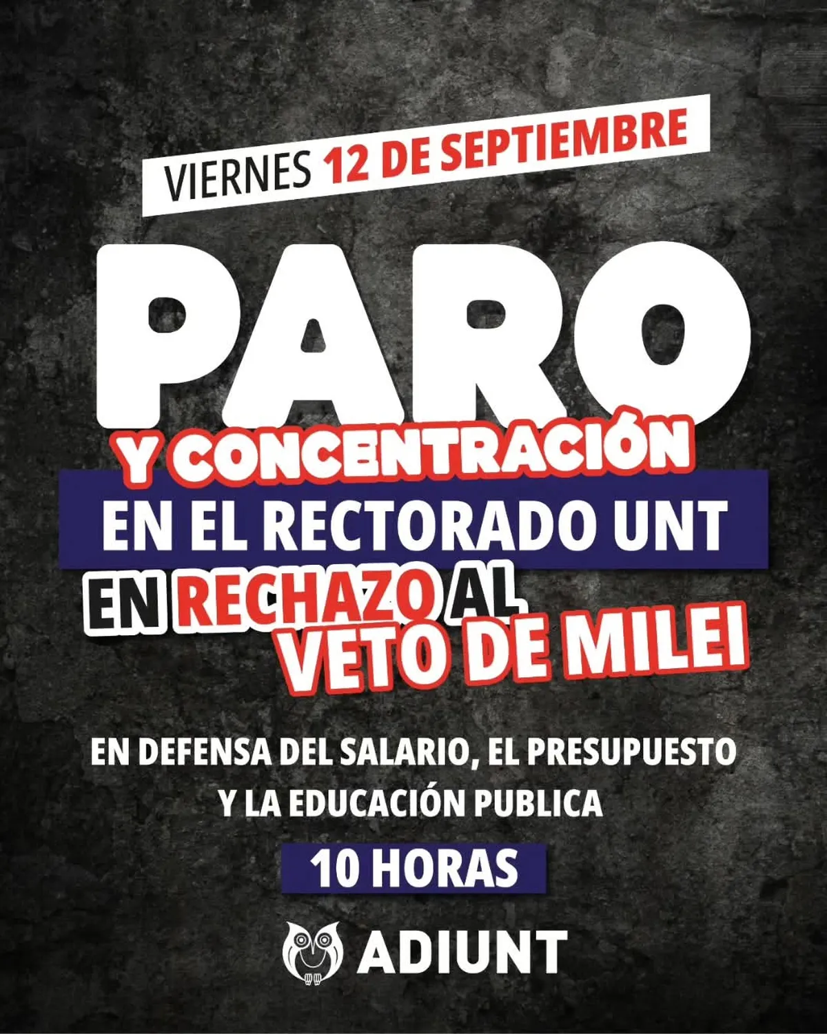 ADIUNT convoca a un paro tras el veto presidencial al financiamiento universitario