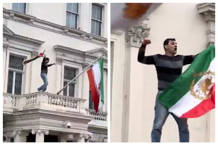 Protesta frente a la embajada de Irán en Londres: retiraron la bandera oficial y exhibieron símbolos monárquicos